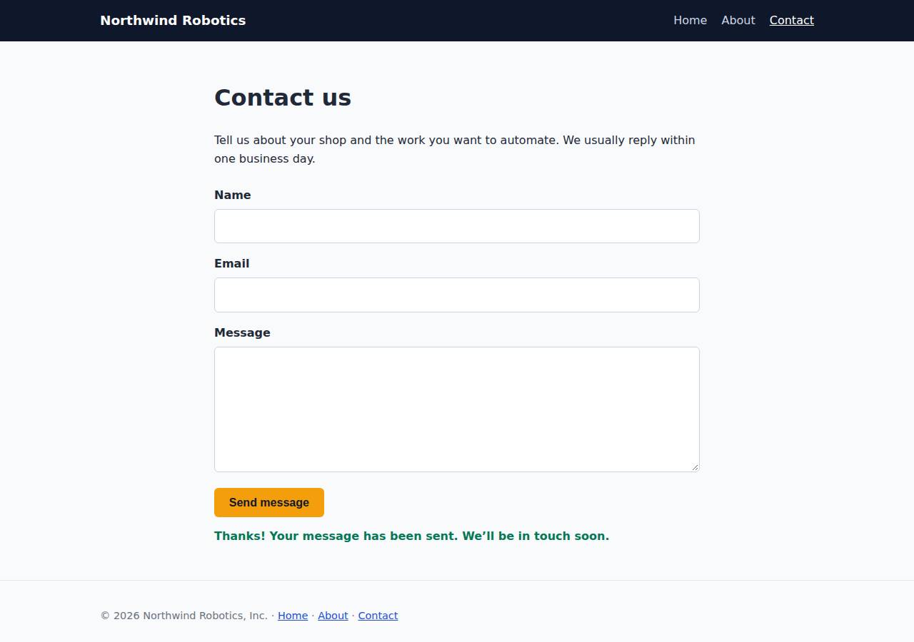 The contact page after the verifier submitted the form