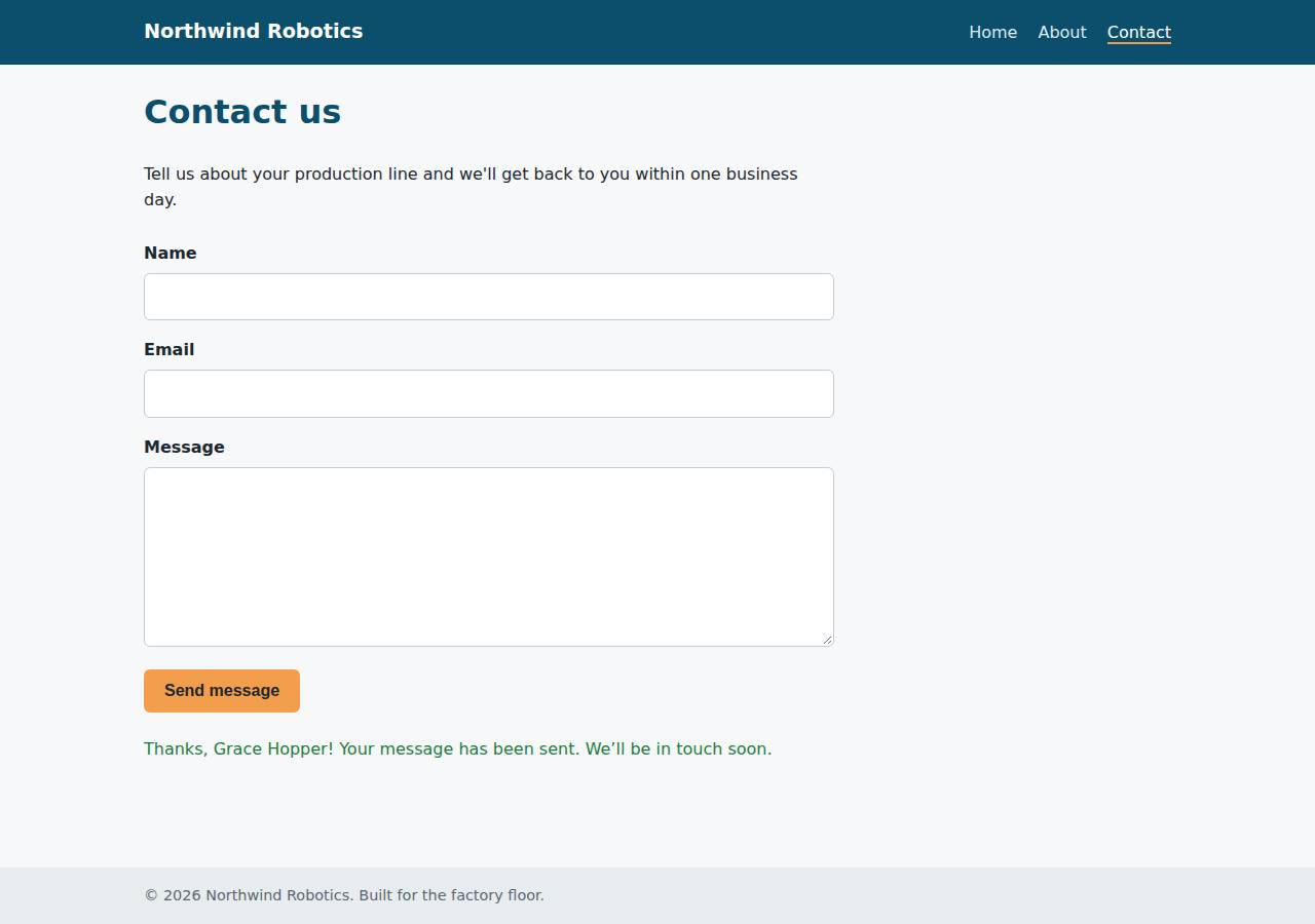 The contact page after the verifier submitted the form
