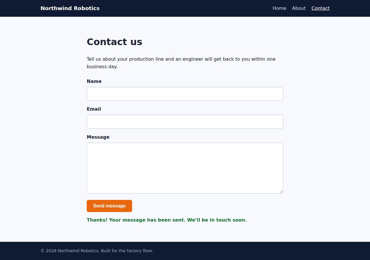 The contact page after the verifier submitted the form