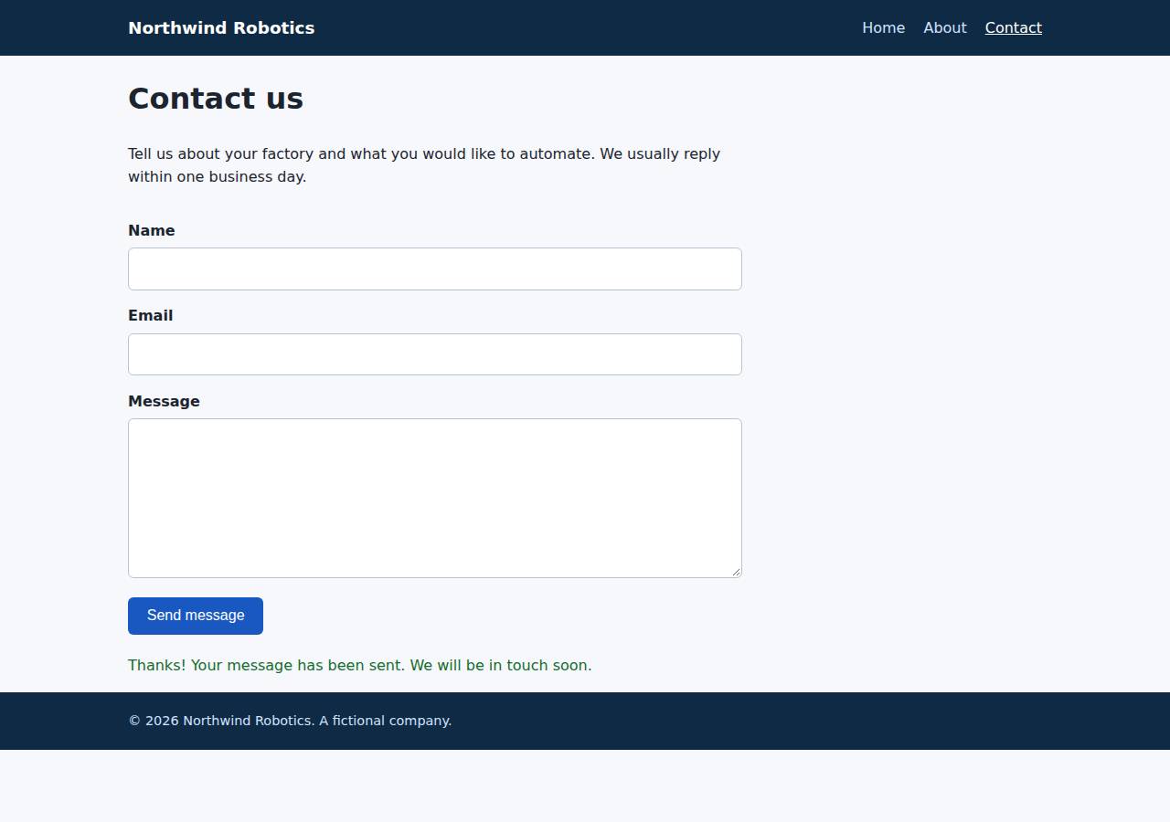 The contact page after the verifier submitted the form